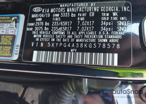 2019 Kia Sorento 2.4L L z USA, uszkodzony, nr VIN 5XYPG4A38KG578578